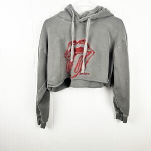 Rolling Stones Gray Red Lips Embroidered Cropped Hoodie Medium